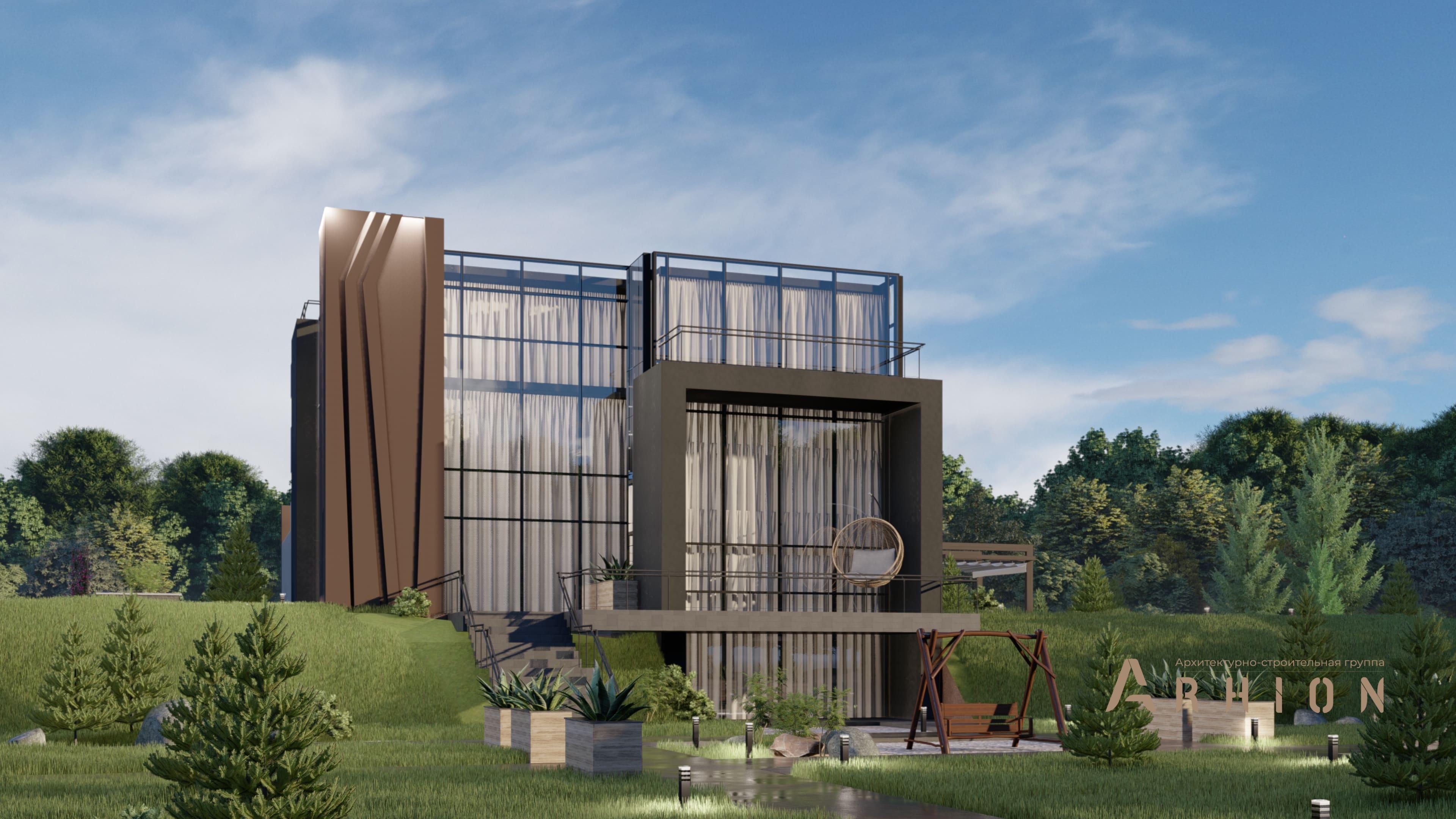 2. Проект двухэтажного дома в стиле хай-тек с плоской кровлей , H-102, площадью - 721 кв c цокольным этажом, терассой, балконом, гаражом